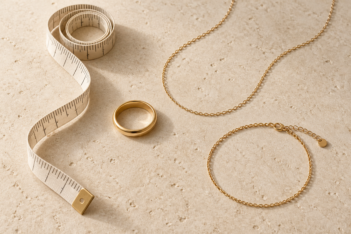 Jewelry sizing tools with a ring, necklace, bracelet, and measuring tape