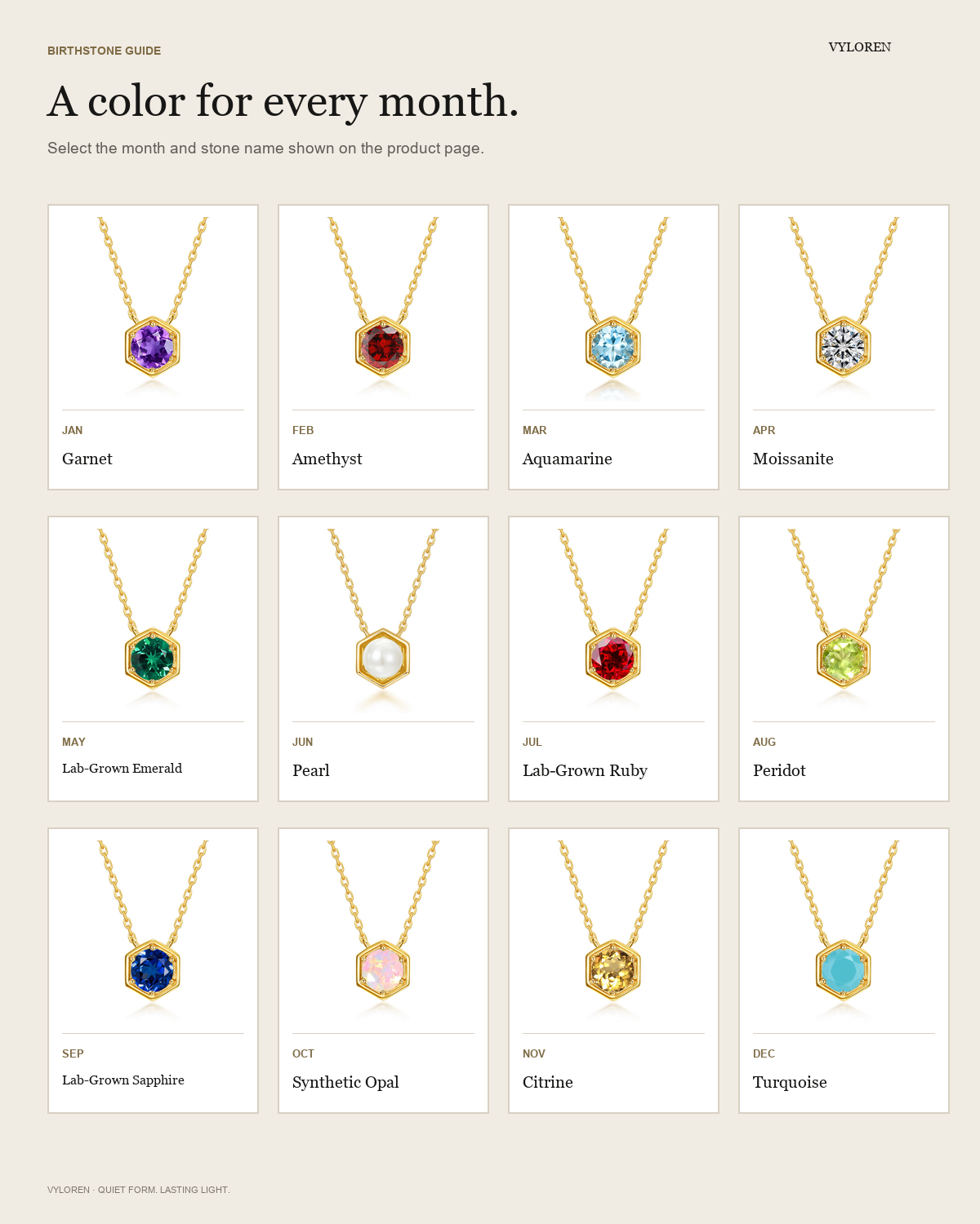 VYLOREN hexagon necklace birthstone guide with 12 monthly options