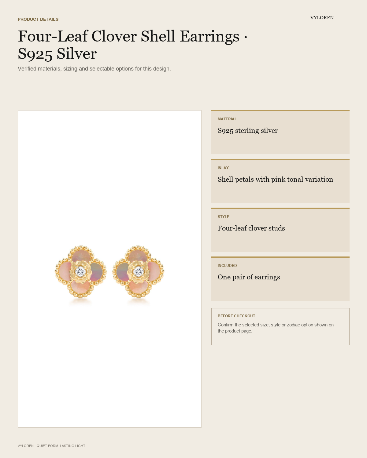 VYLOREN Four-Leaf Clover Shell Earrings product details card