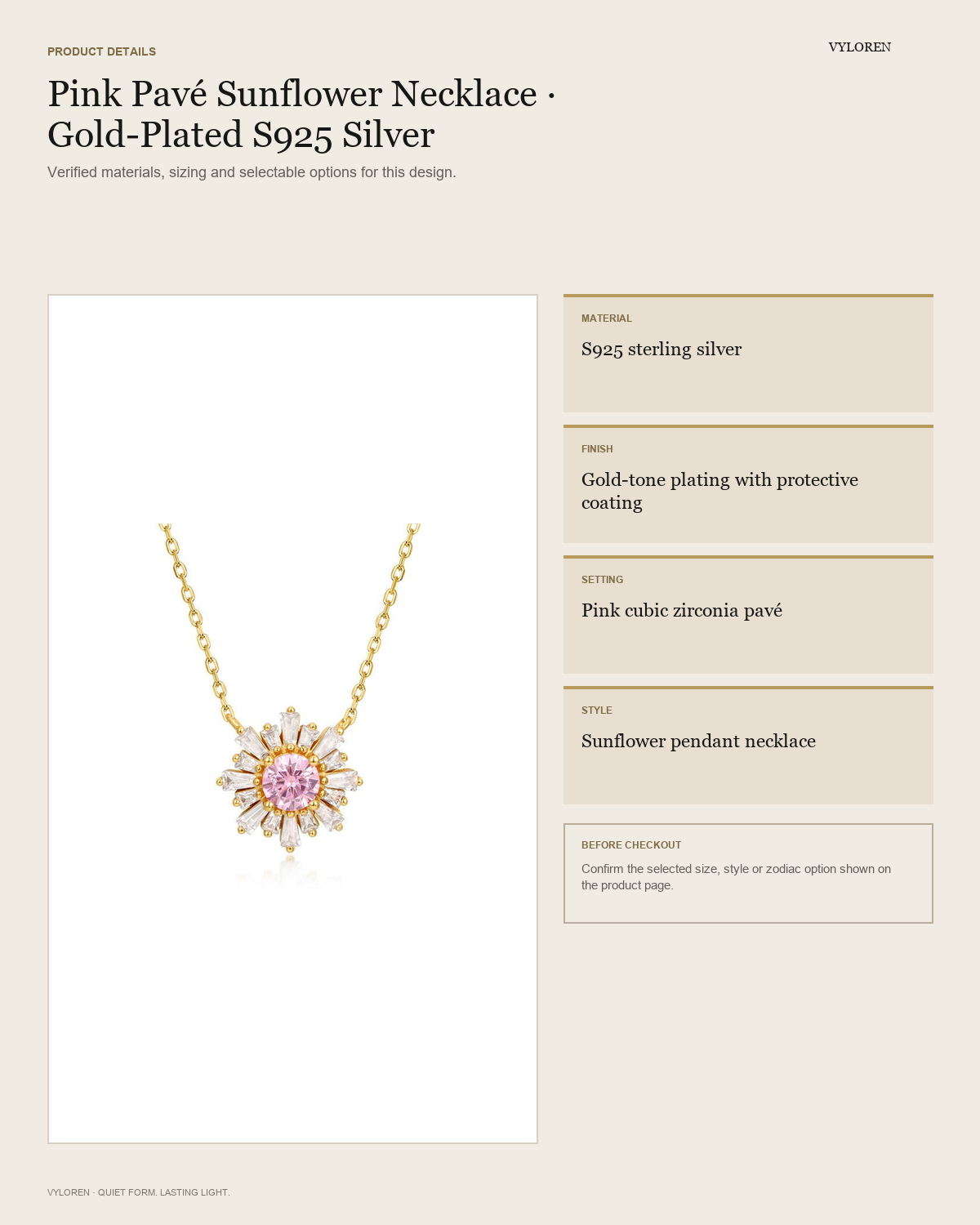 VYLOREN Pink Pavé Sunflower Necklace product details card