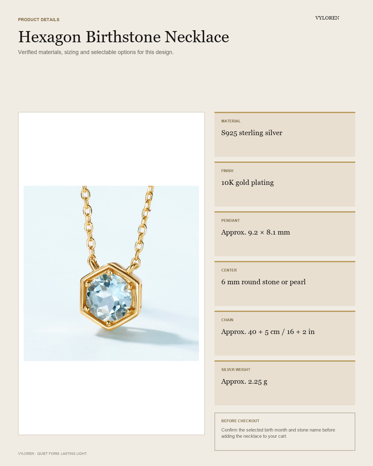 VYLOREN hexagon birthstone necklace product details and dimensions