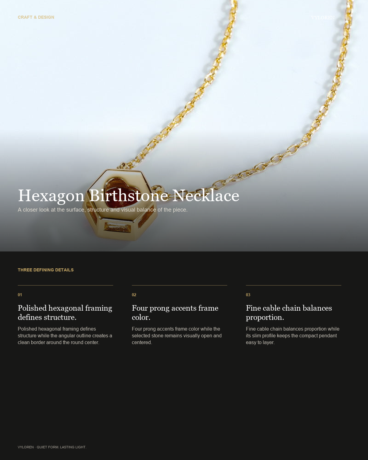 VYLOREN hexagon birthstone necklace craft and design details