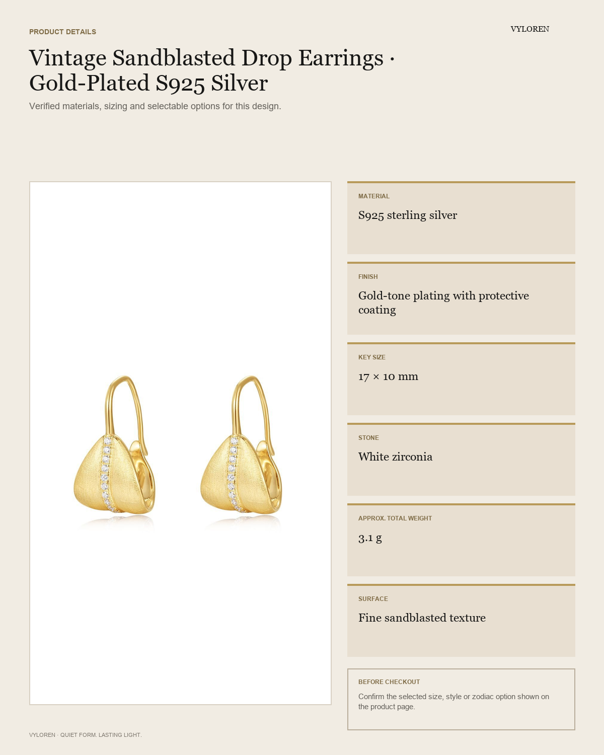 VYLOREN Vintage Sandblasted Drop Earrings product details card