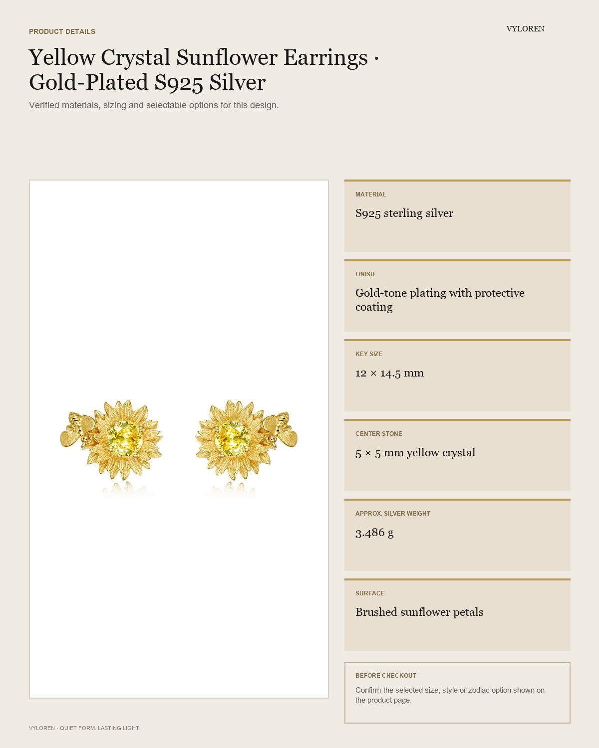 VYLOREN Yellow Crystal Sunflower Earrings product details card