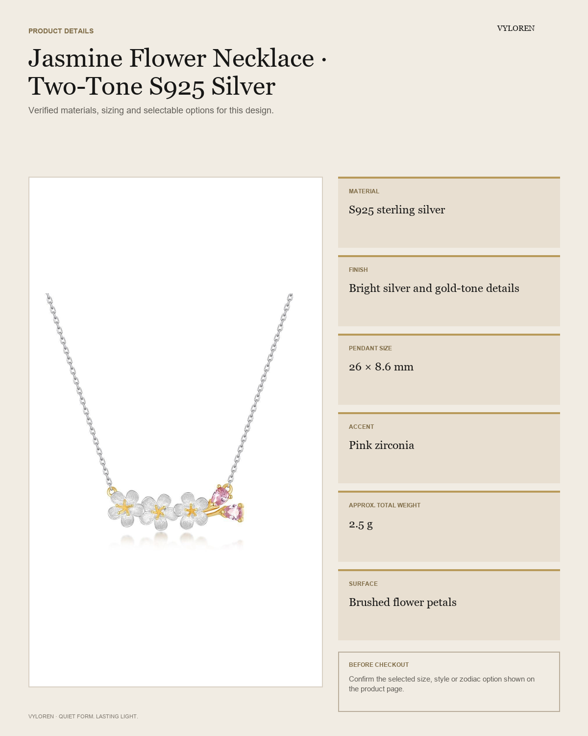 VYLOREN Jasmine Flower Necklace product details card