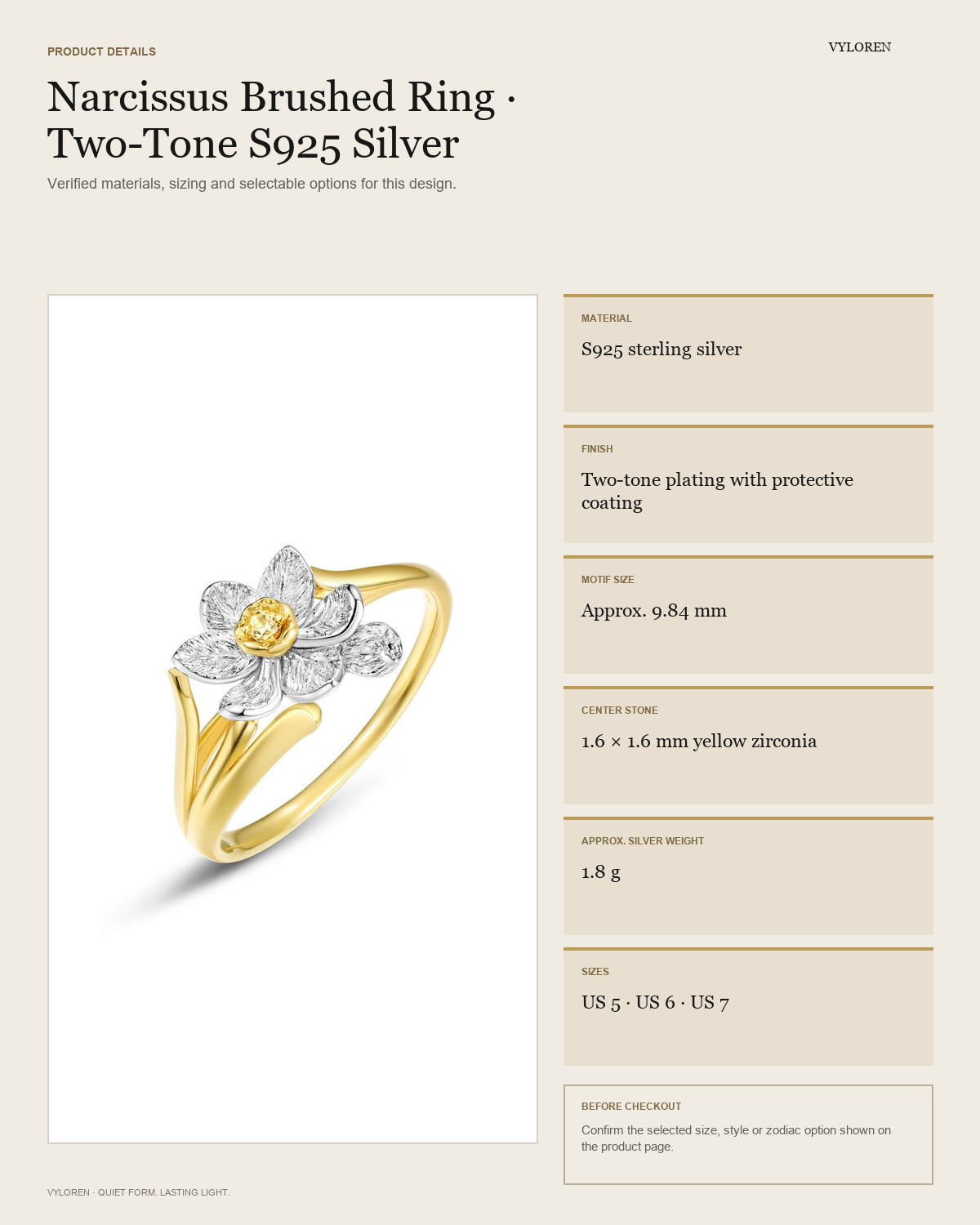 VYLOREN Narcissus Brushed Ring product details card
