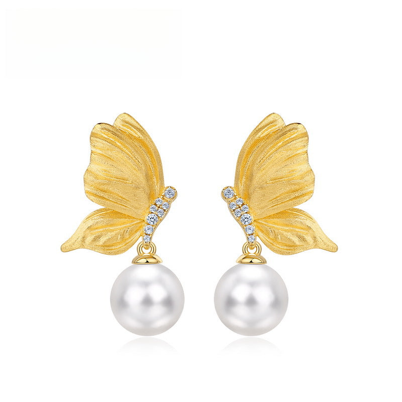 VYLOREN Butterfly Pearl Earrings in gold-plated S925 sterling silver