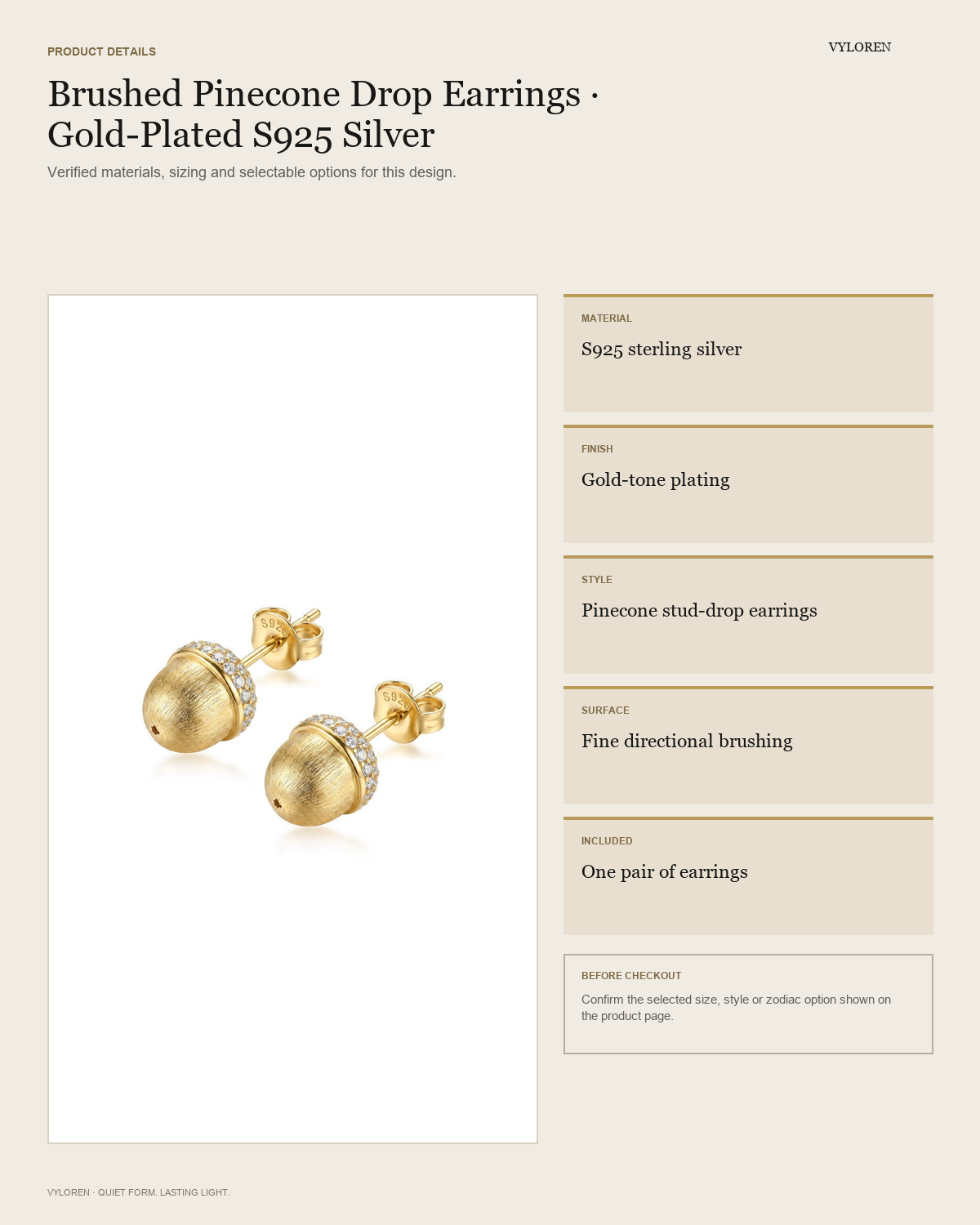 VYLOREN Brushed Pinecone Drop Earrings product details card