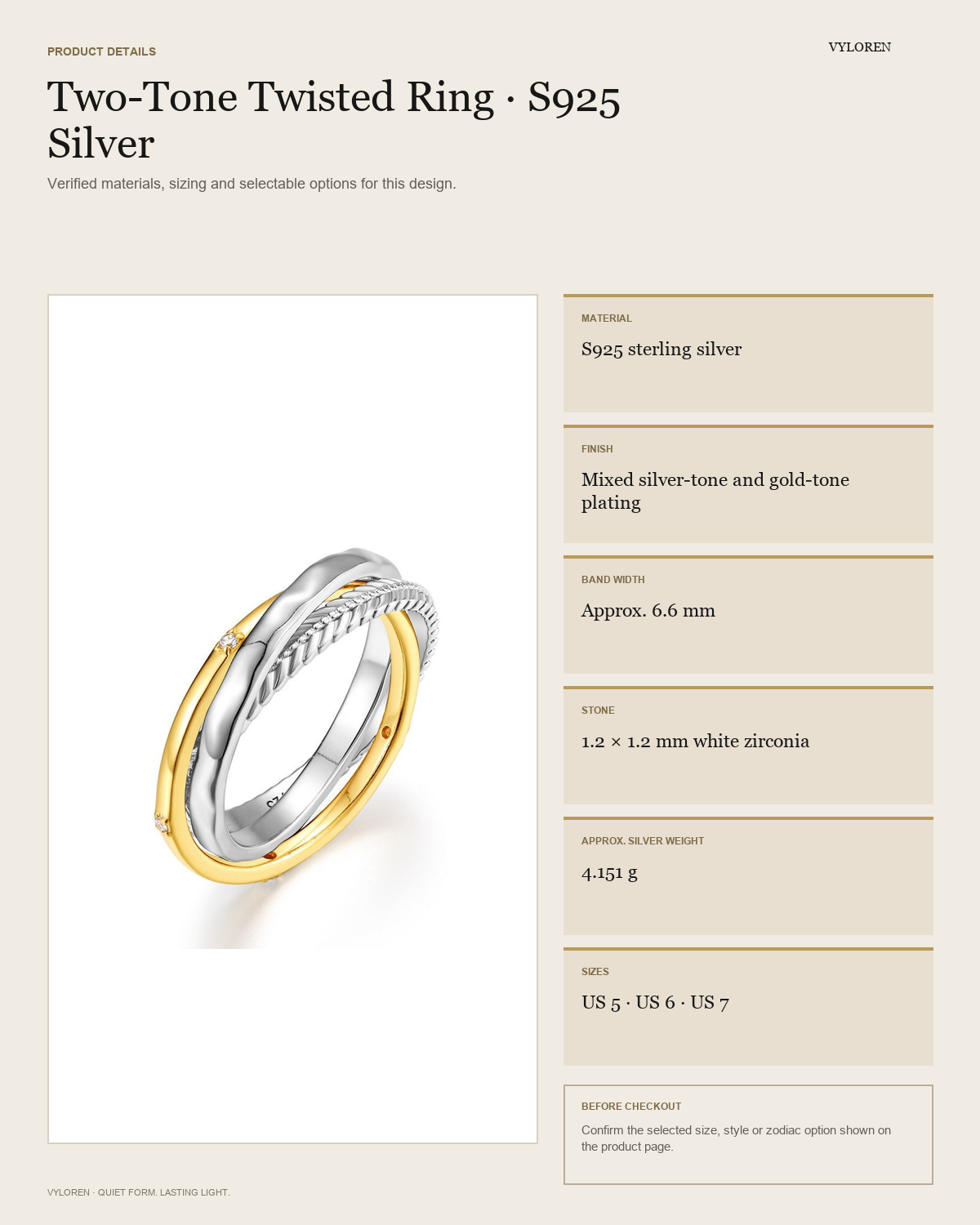 VYLOREN Two-Tone Twisted Ring product details card