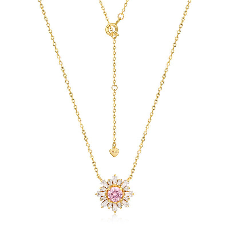 Pink Pavé Sunflower Necklace in Gold-Plated S925 Silver