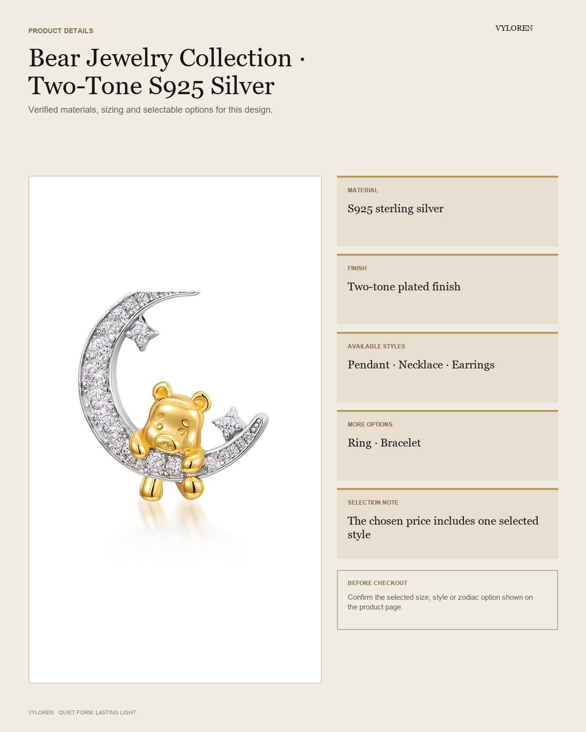 VYLOREN Bear Jewelry Collection product details card