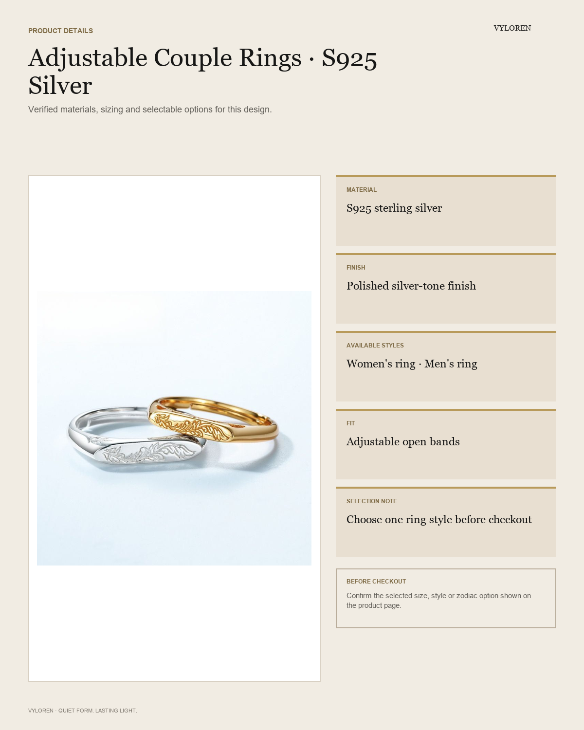 VYLOREN Adjustable Couple Rings product details card