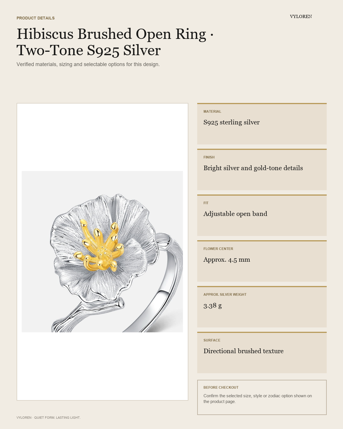 VYLOREN Hibiscus Brushed Open Ring product details card