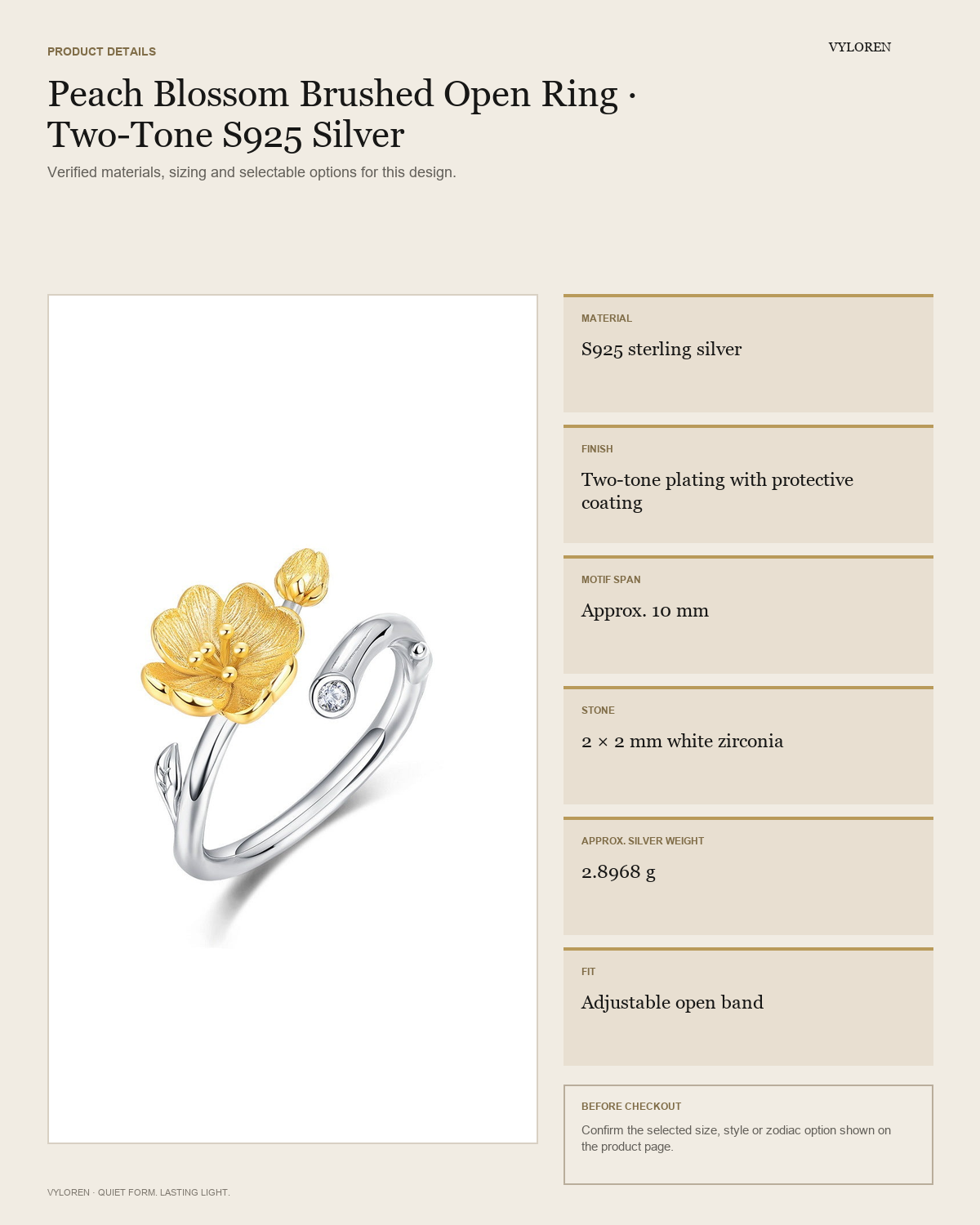 VYLOREN Peach Blossom Brushed Open Ring product details card