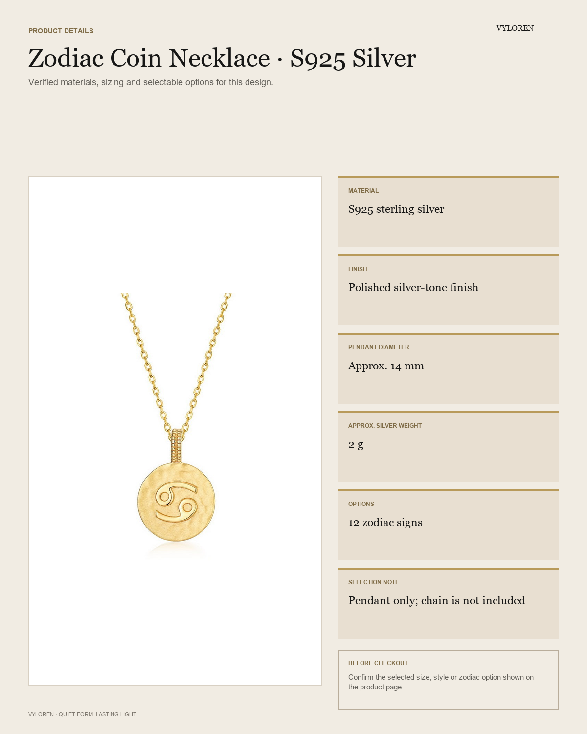 VYLOREN Zodiac Coin Necklace product details card
