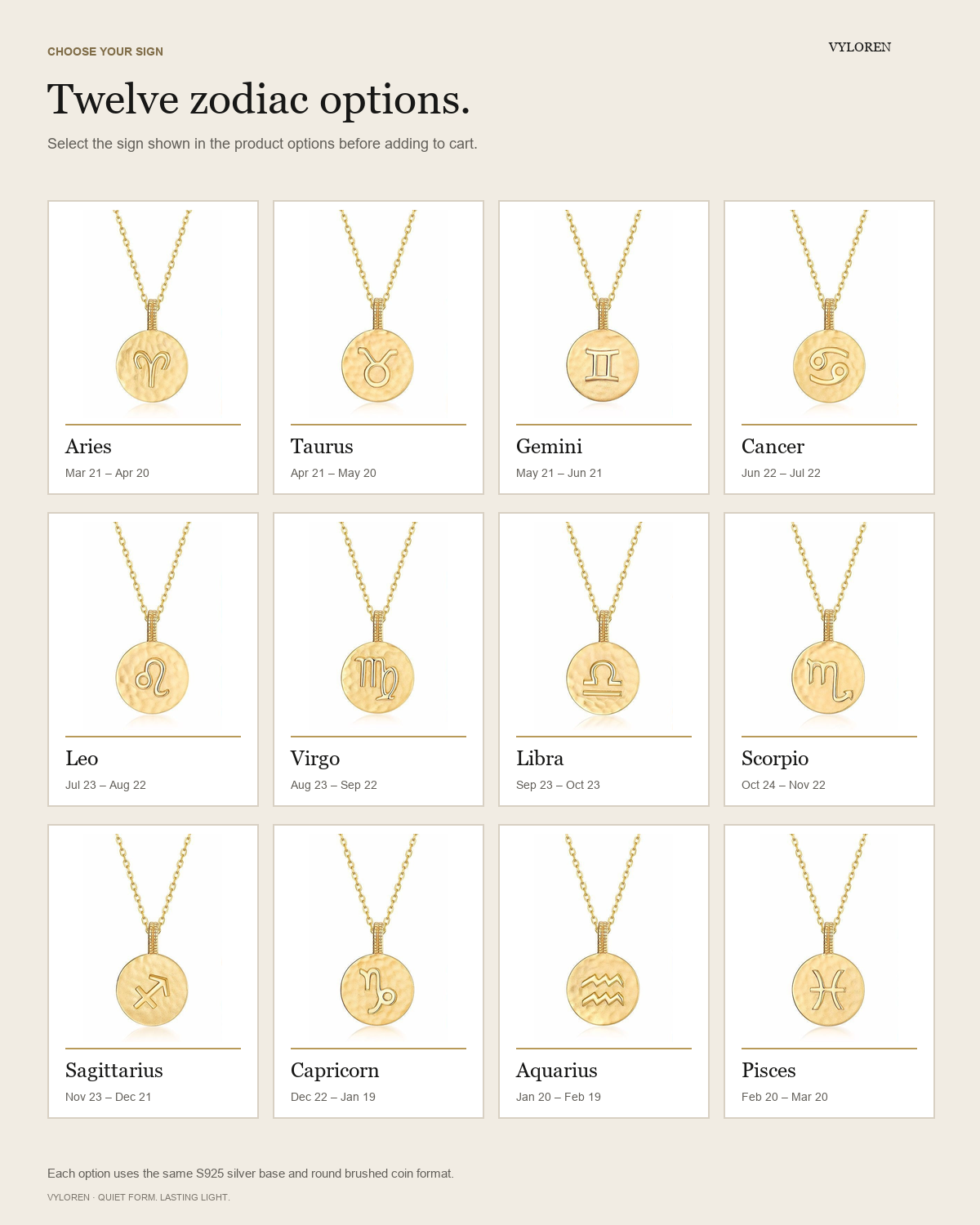 VYLOREN Zodiac Coin Necklace twelve sign options guide