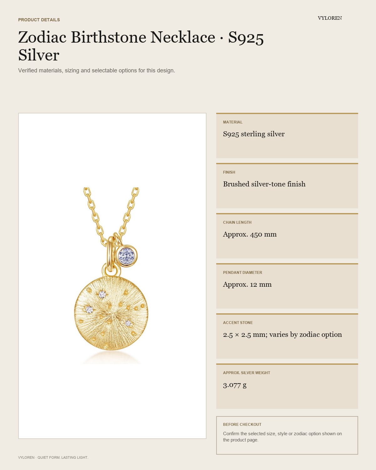 VYLOREN Zodiac Birthstone Necklace product details card