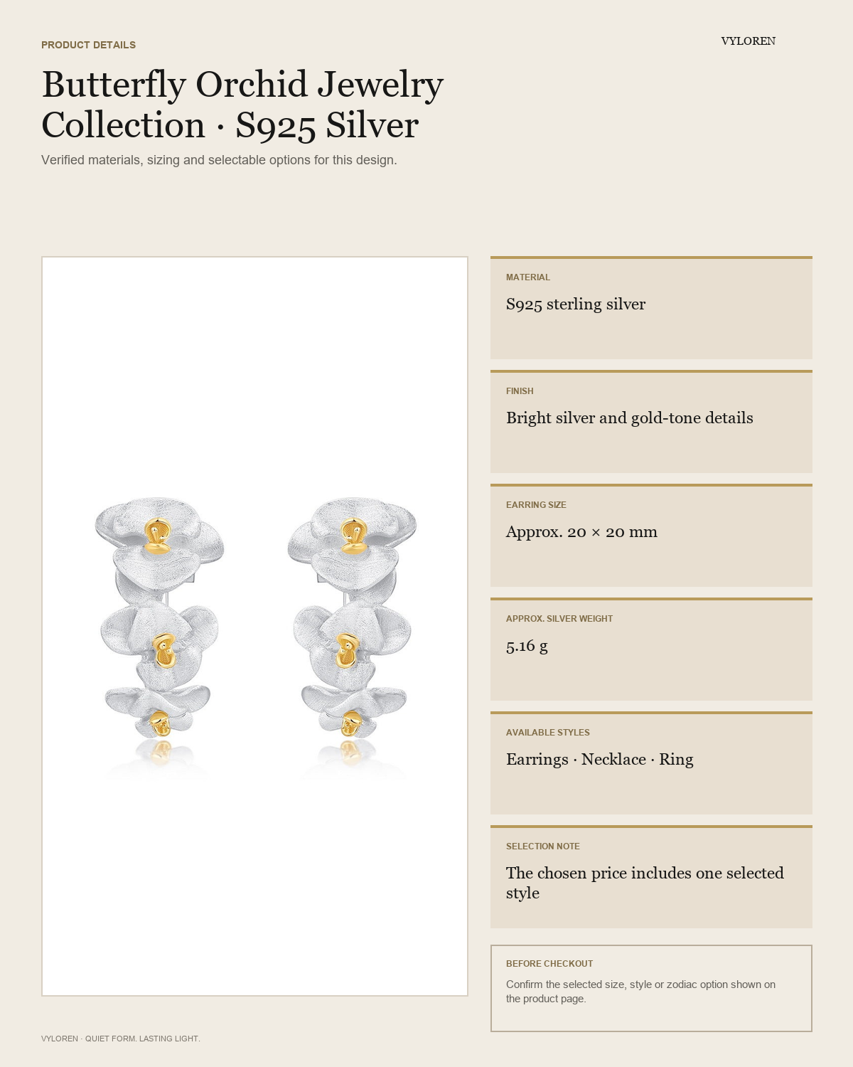 VYLOREN Butterfly Orchid Jewelry Collection product details card