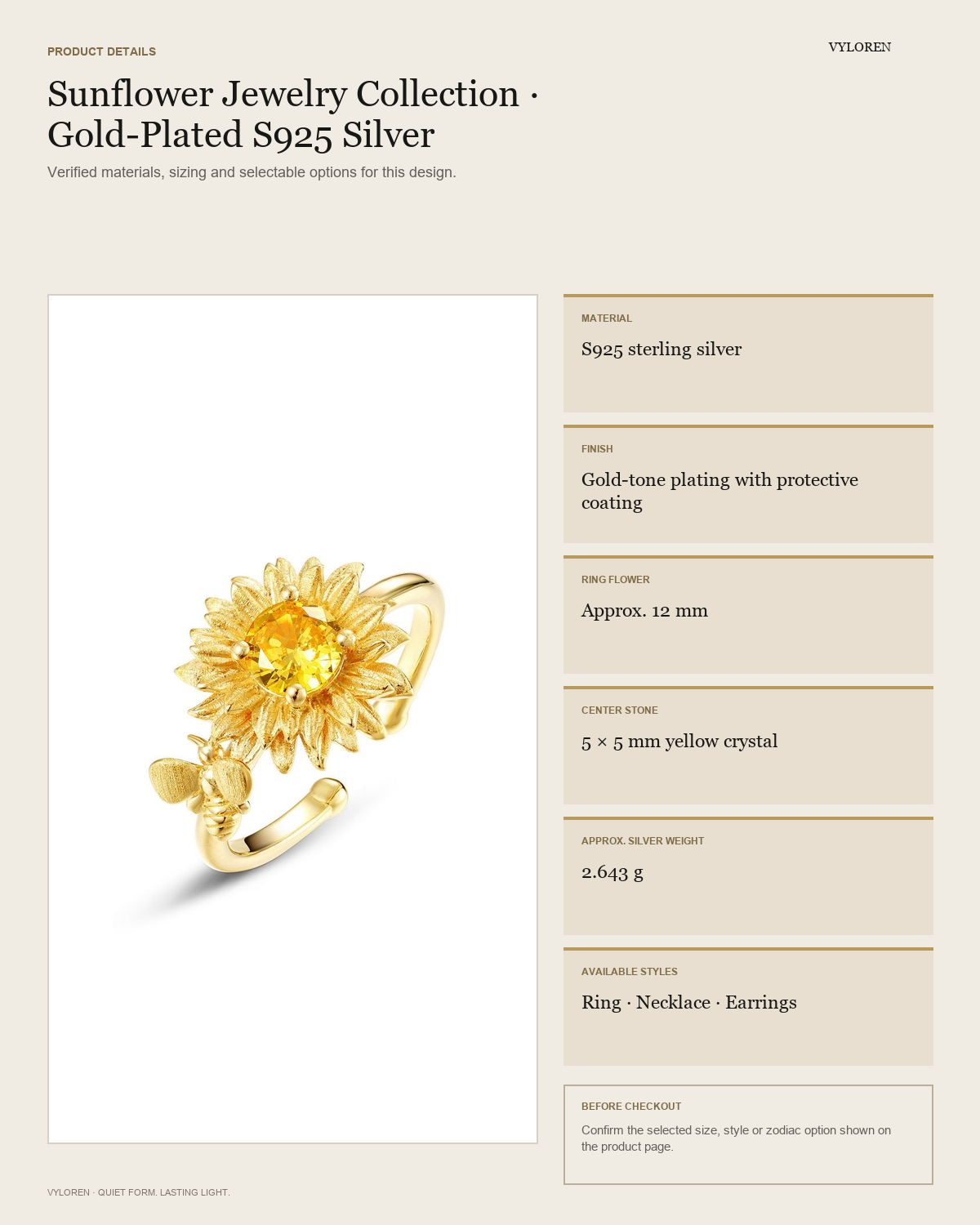 VYLOREN Sunflower Jewelry Collection product details card