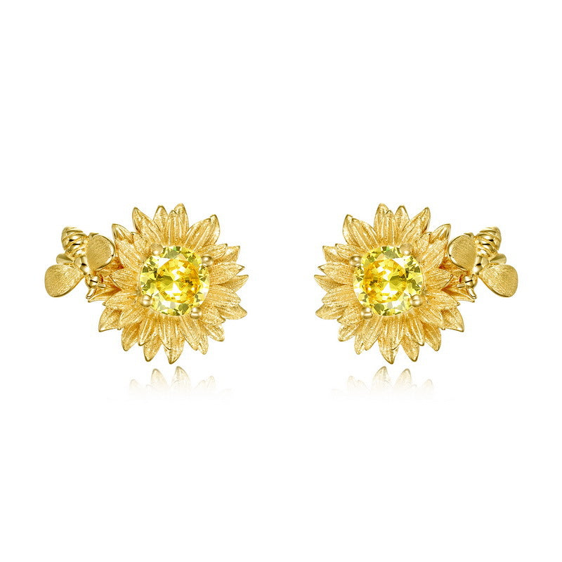 Yellow Crystal Sunflower Earrings in Gold-Plated S925 Silver