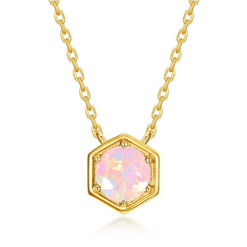 October synthetic opal hexagon birthstone pendant necklace