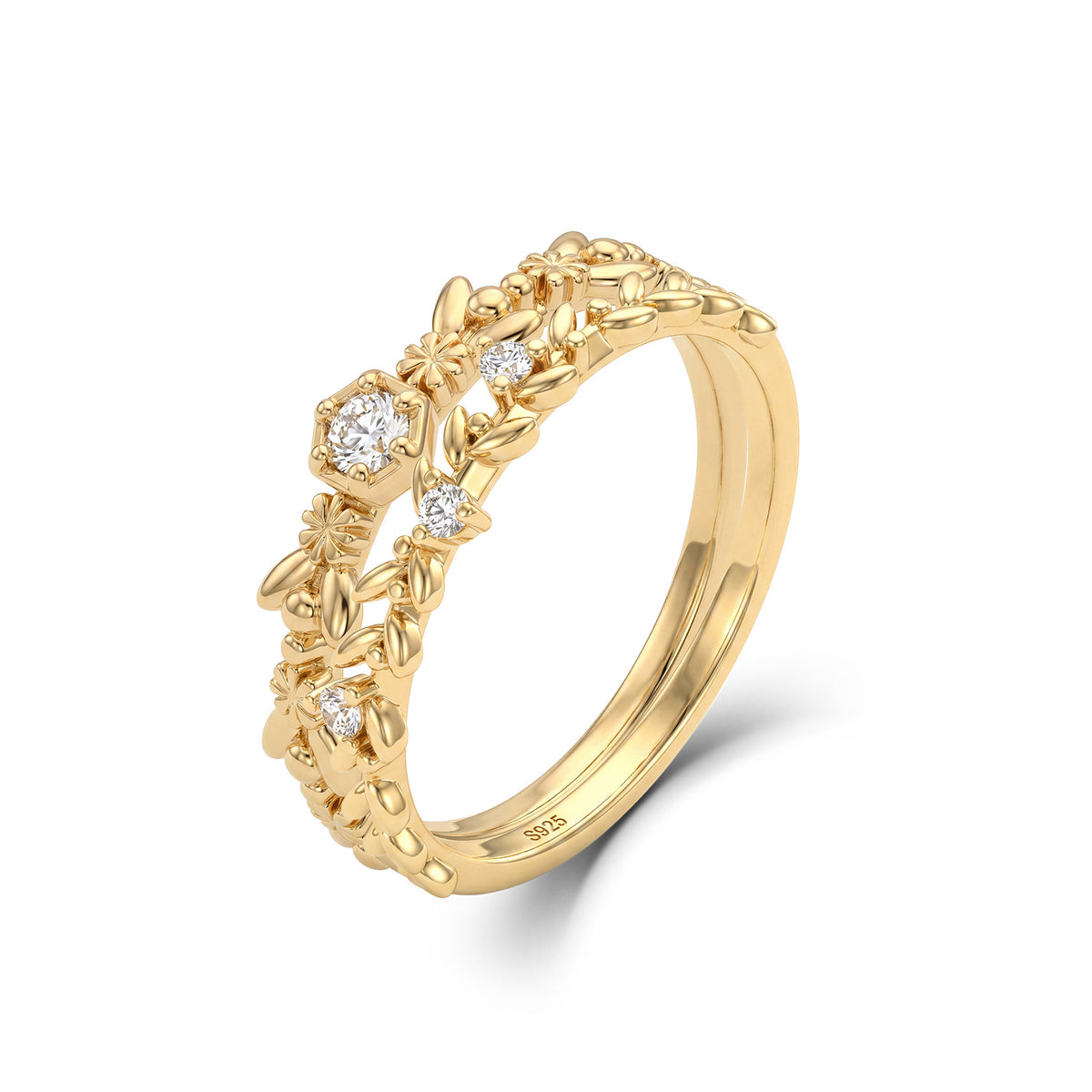 VYLOREN Vintage Leaf Stacked Ring in gold-plated S925 sterling silver