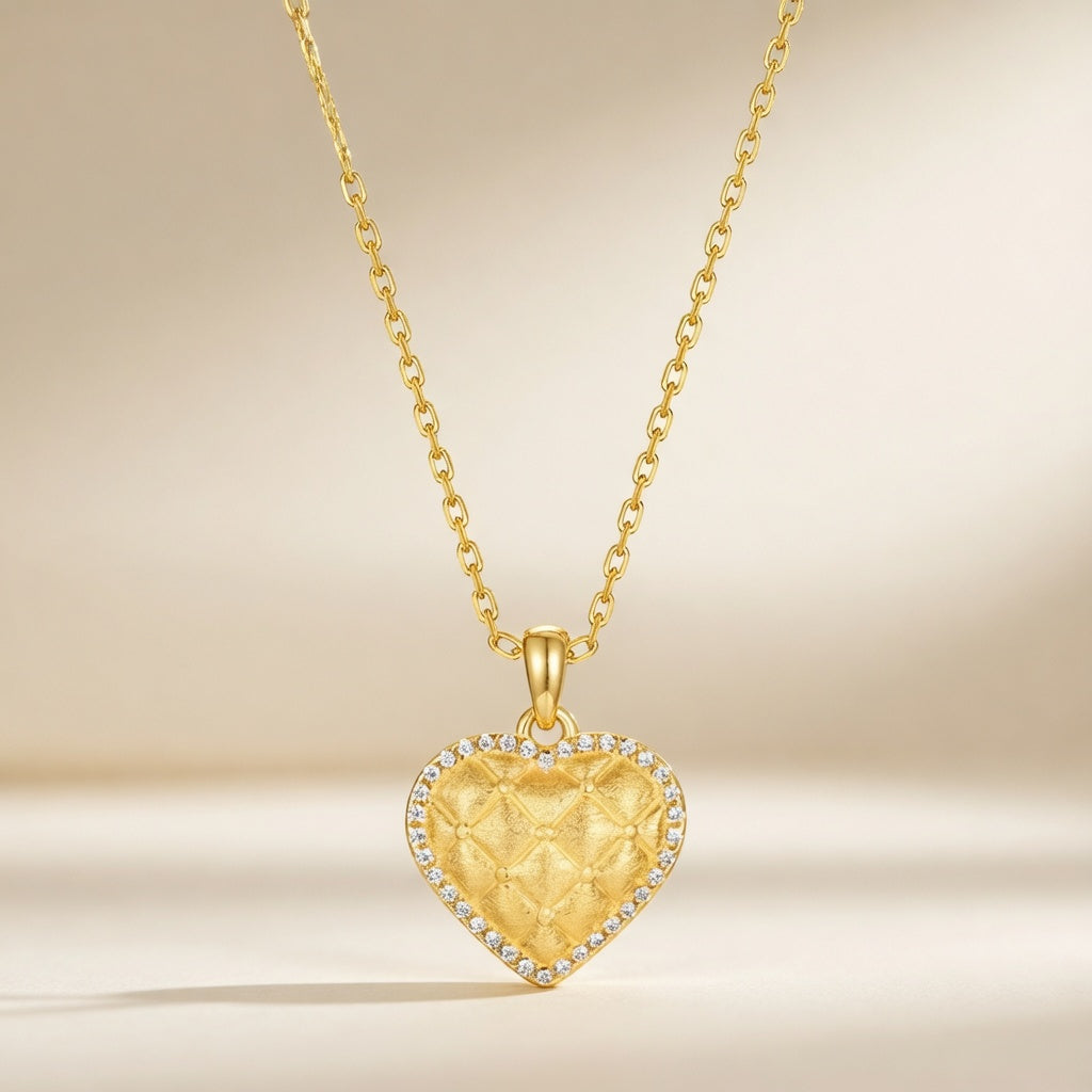 Close-up of the quilted heart pendant and crystal border