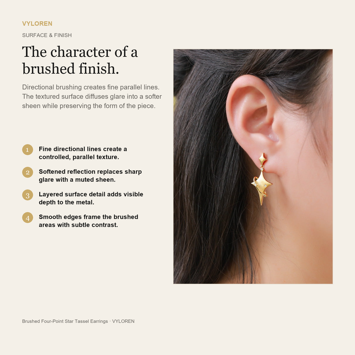 VYLOREN Brushed Four-Point Star Tassel Earrings brushed finish card