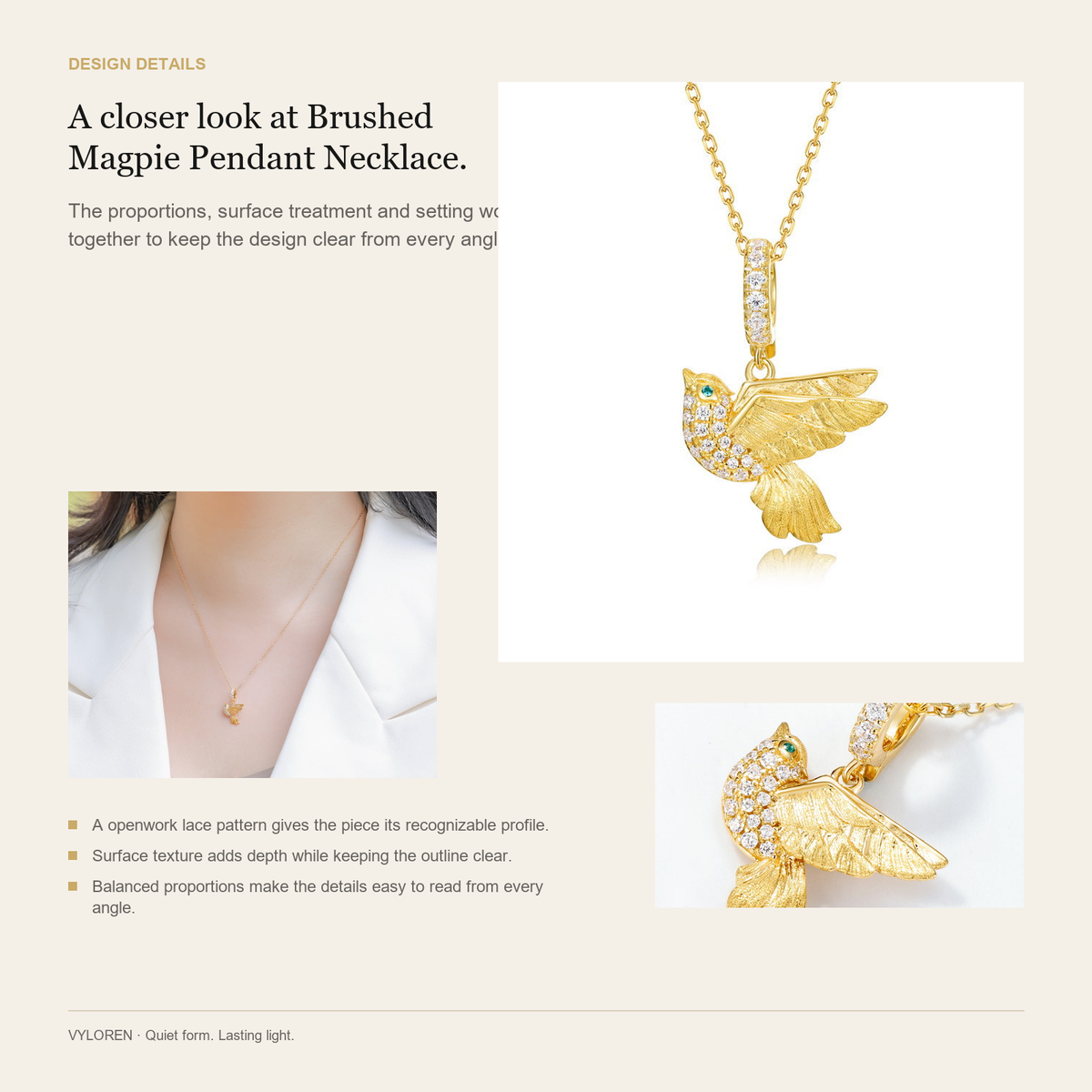 VYLOREN Brushed Magpie Pendant Necklace design details card