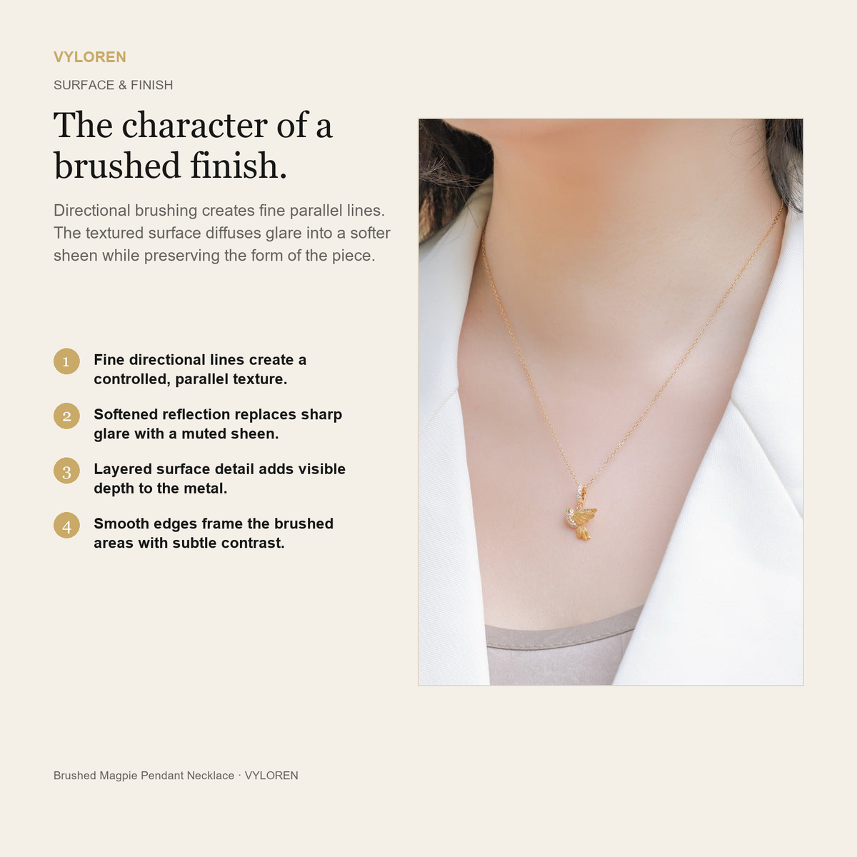 VYLOREN Brushed Magpie Pendant Necklace brushed finish card