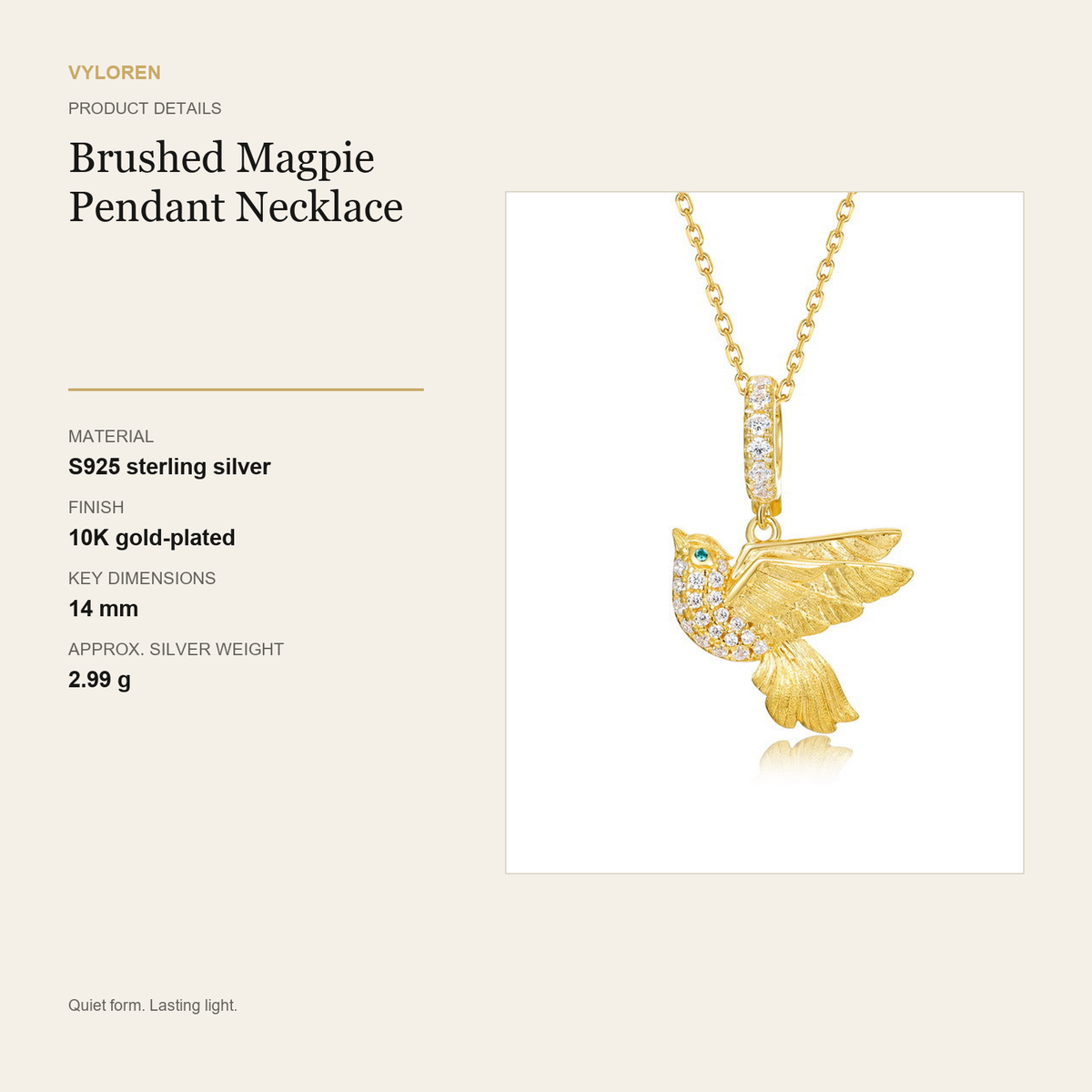 VYLOREN Brushed Magpie Pendant Necklace product details card