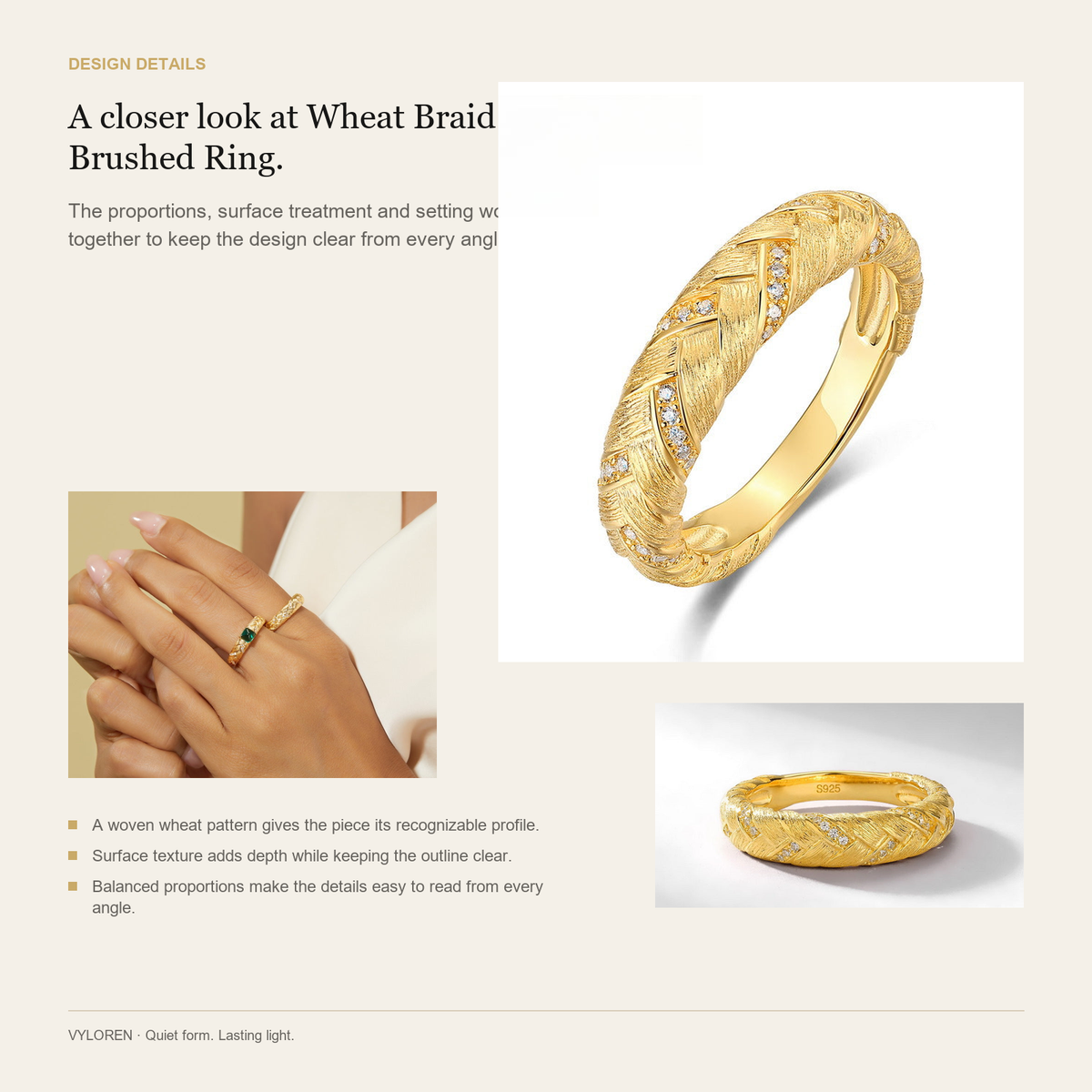 VYLOREN Wheat Braid Brushed Ring design details card