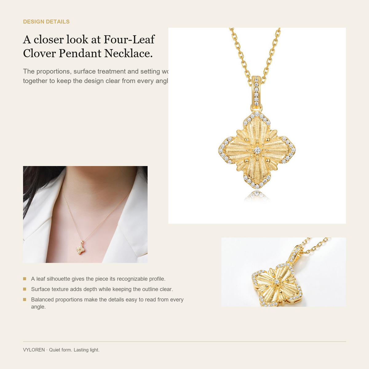 VYLOREN Four-Leaf Clover Pendant Necklace design details card