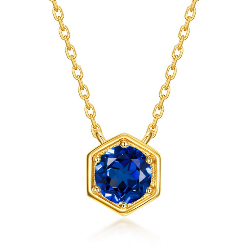 September lab-grown sapphire hexagon birthstone pendant necklace