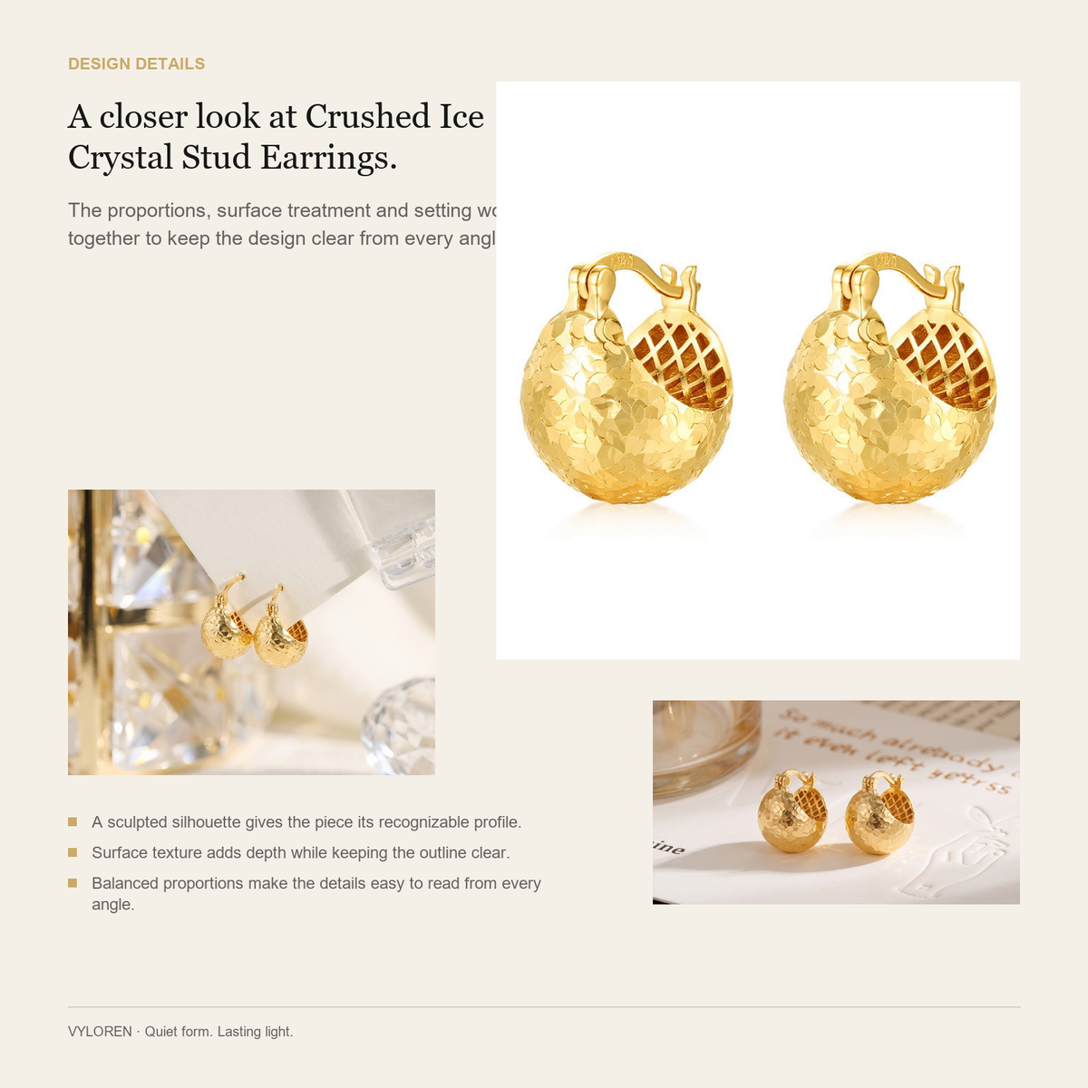 VYLOREN Crushed Ice Crystal Stud Earrings design details card