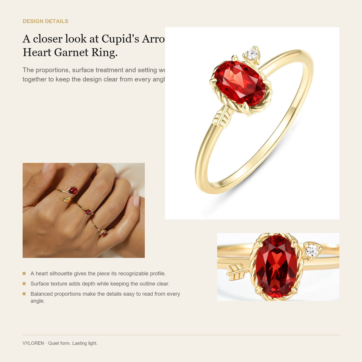 VYLOREN Cupid's Arrow Heart Garnet Ring design details card