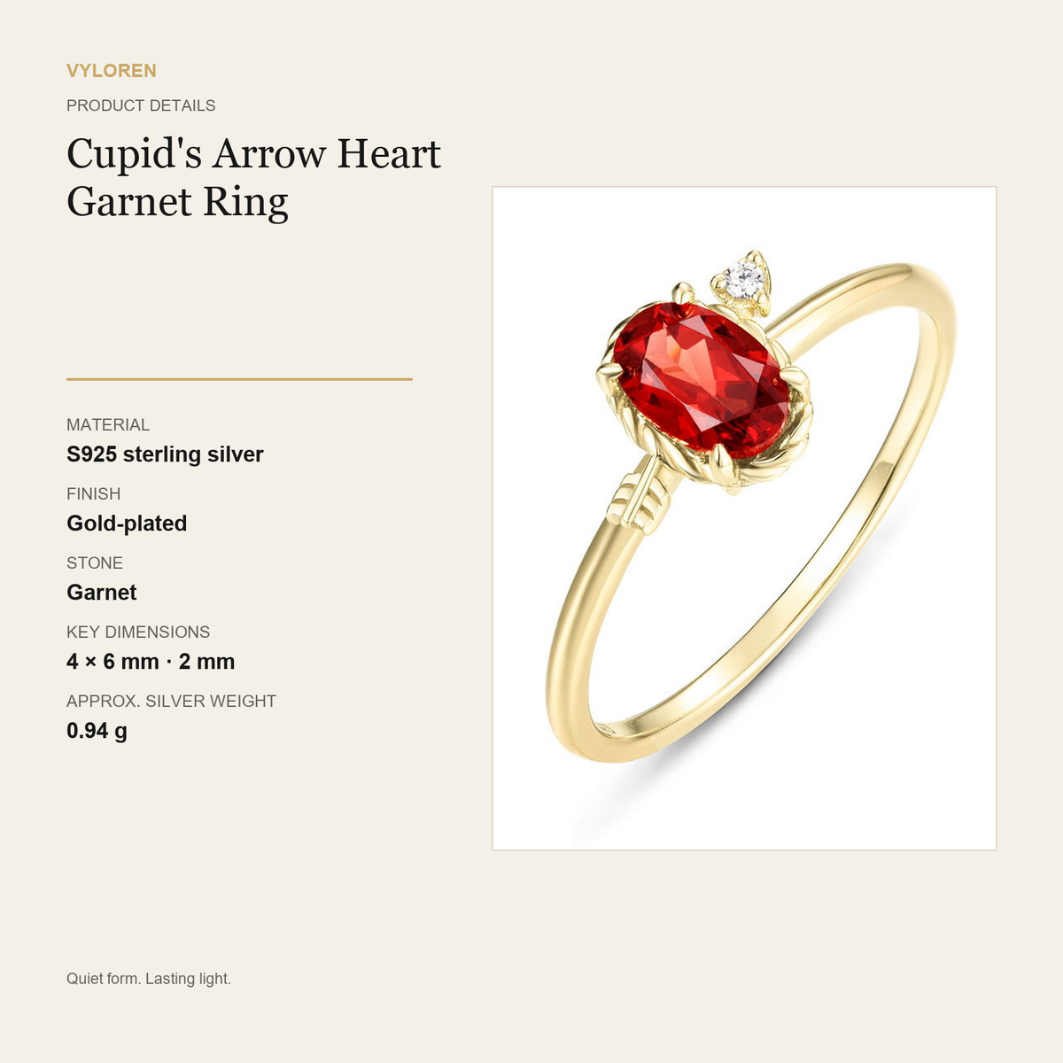 VYLOREN Cupid's Arrow Heart Garnet Ring product details card