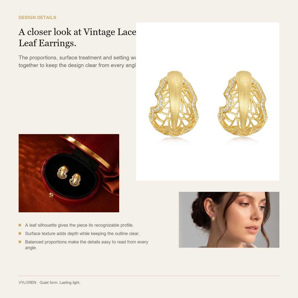 VYLOREN Vintage Lace Leaf Earrings design details card