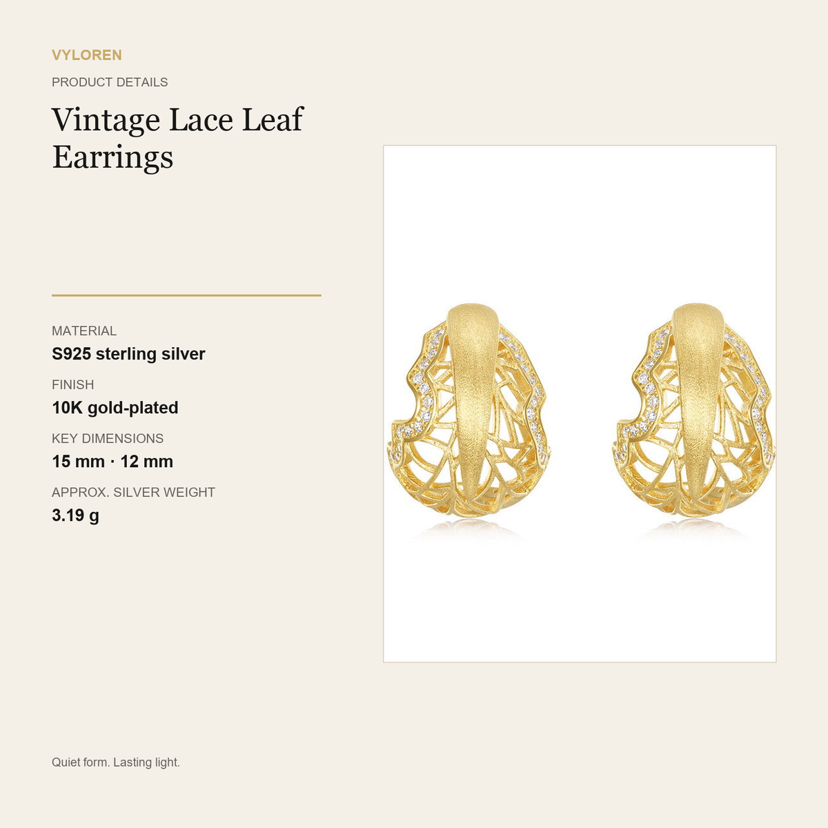 VYLOREN Vintage Lace Leaf Earrings product details card