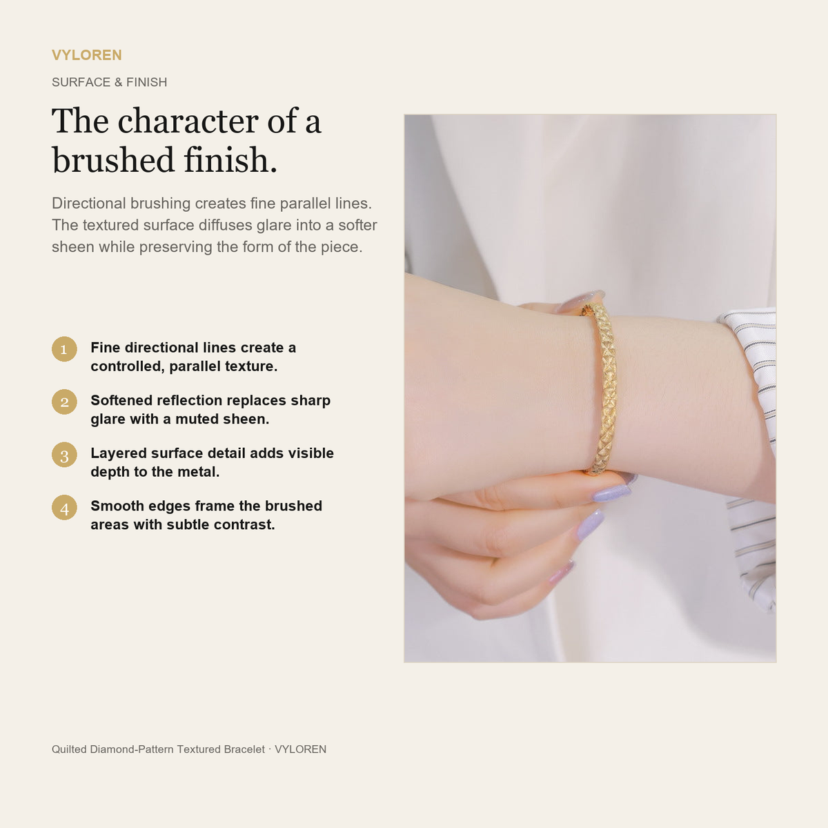VYLOREN Quilted Diamond-Pattern Textured Bracelet brushed finish card