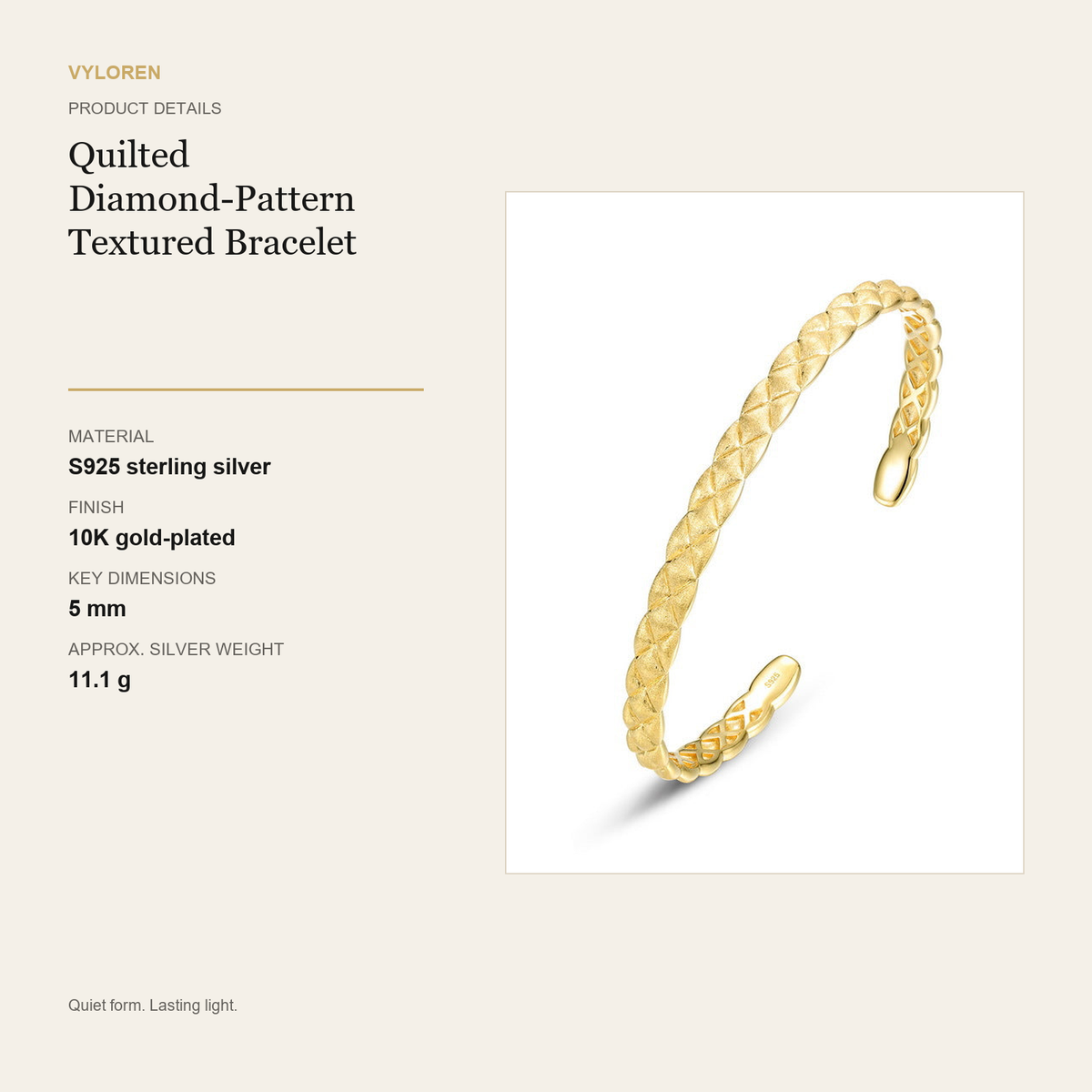 VYLOREN Quilted Diamond-Pattern Textured Bracelet product details card