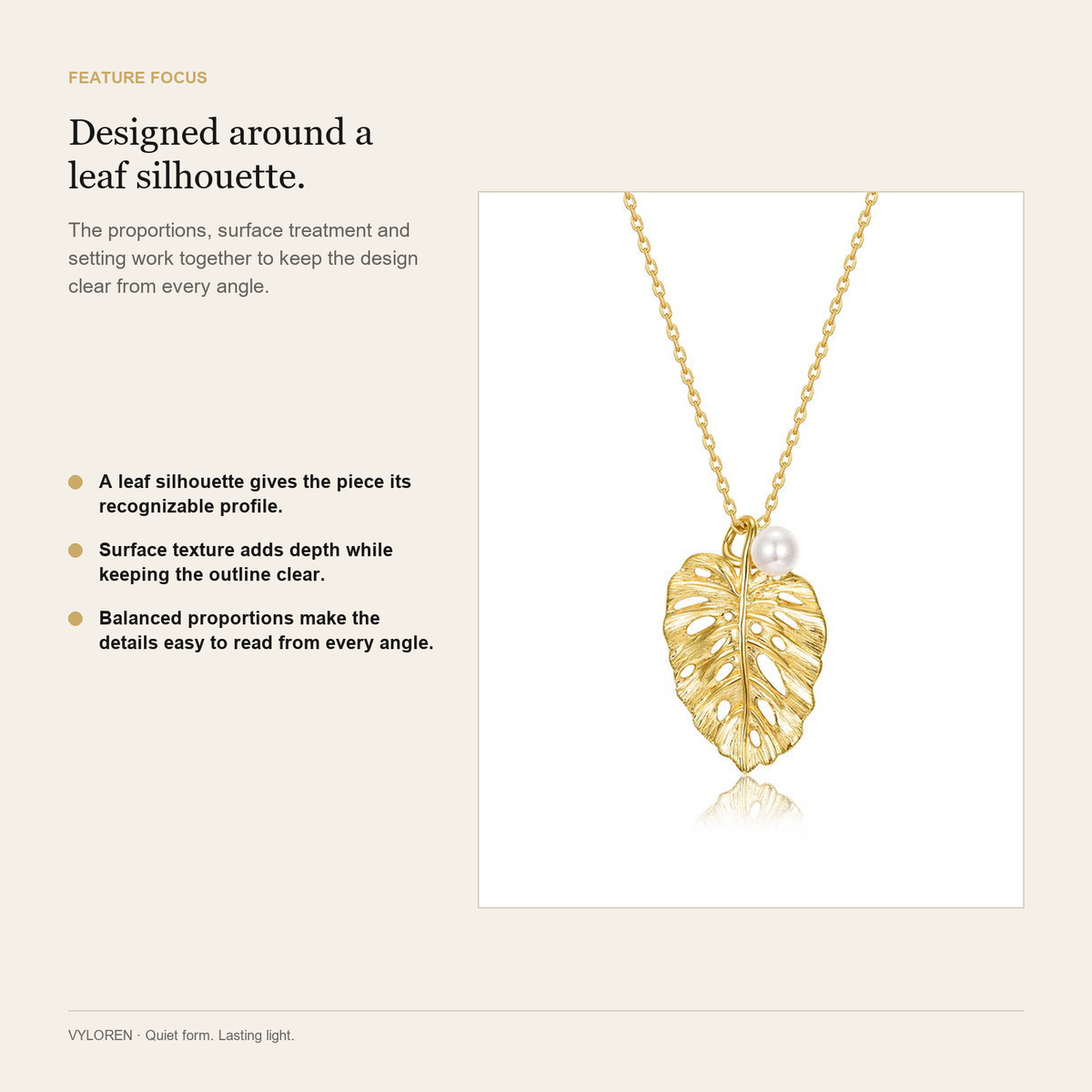 VYLOREN Brushed Leaf Jewelry Collection feature focus card