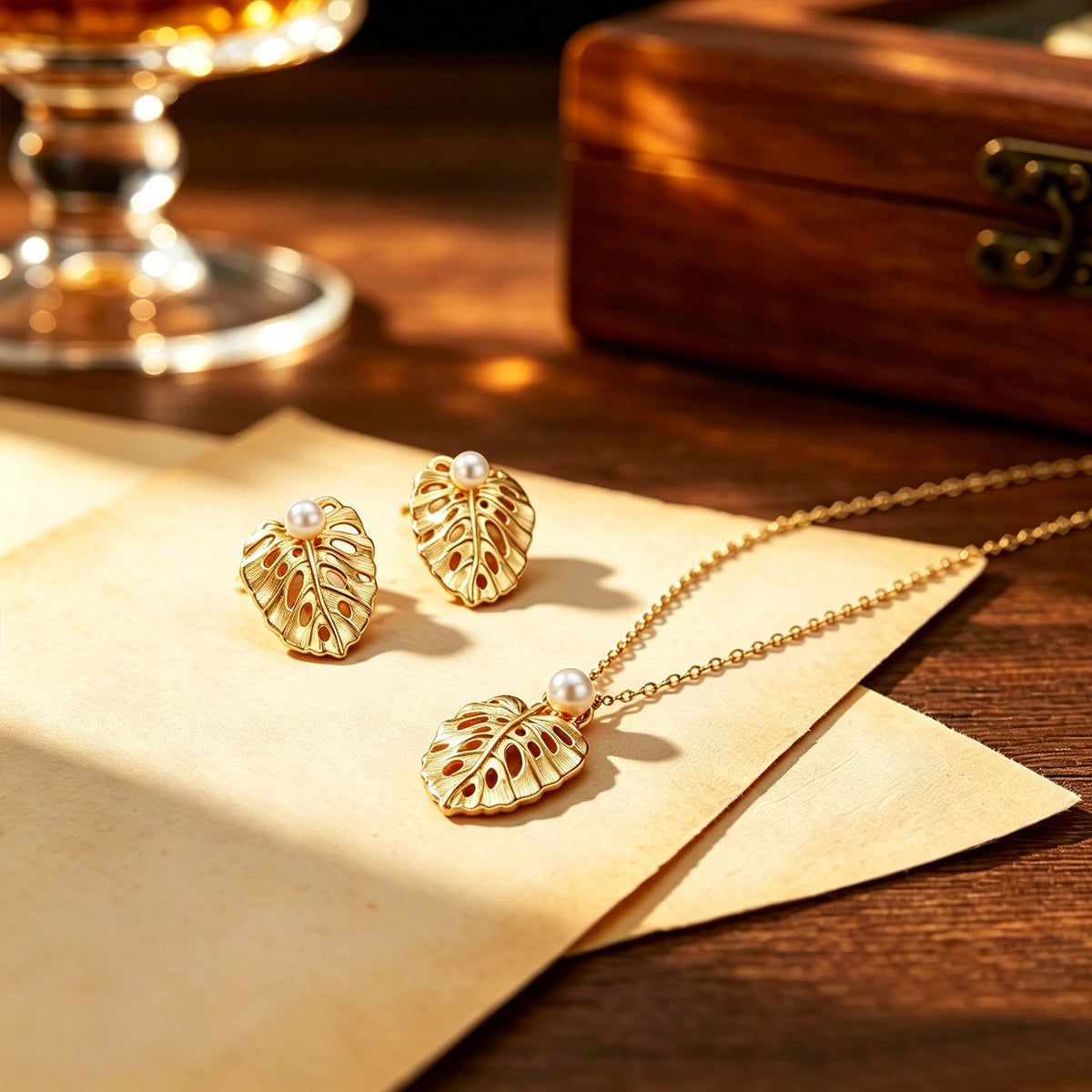 Matching brushed leaf necklace and stud earrings