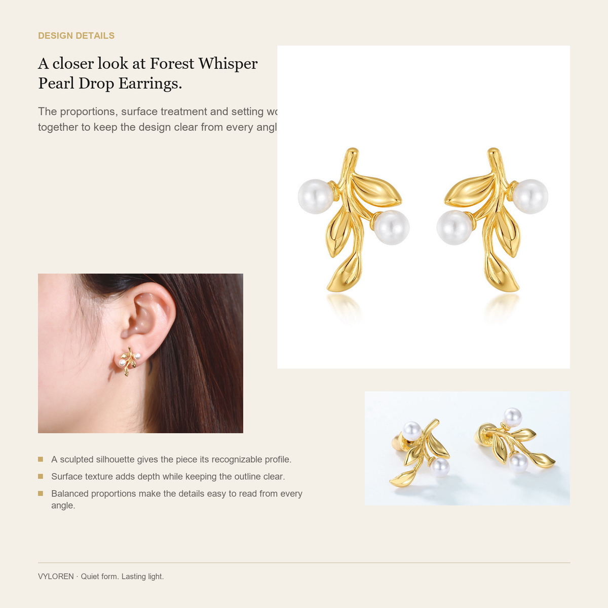 VYLOREN Forest Whisper Pearl Drop Earrings design details card