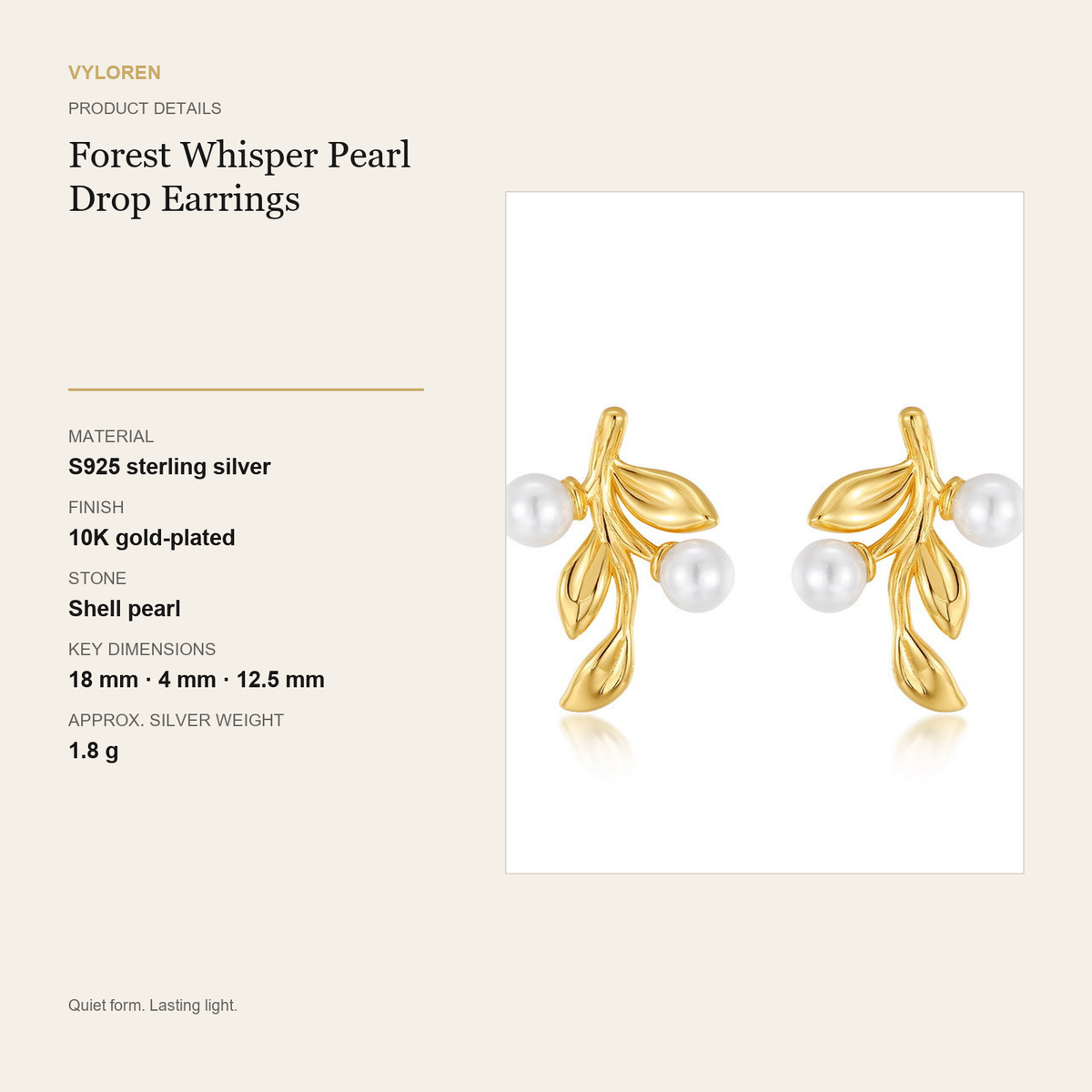 VYLOREN Forest Whisper Pearl Drop Earrings product details card