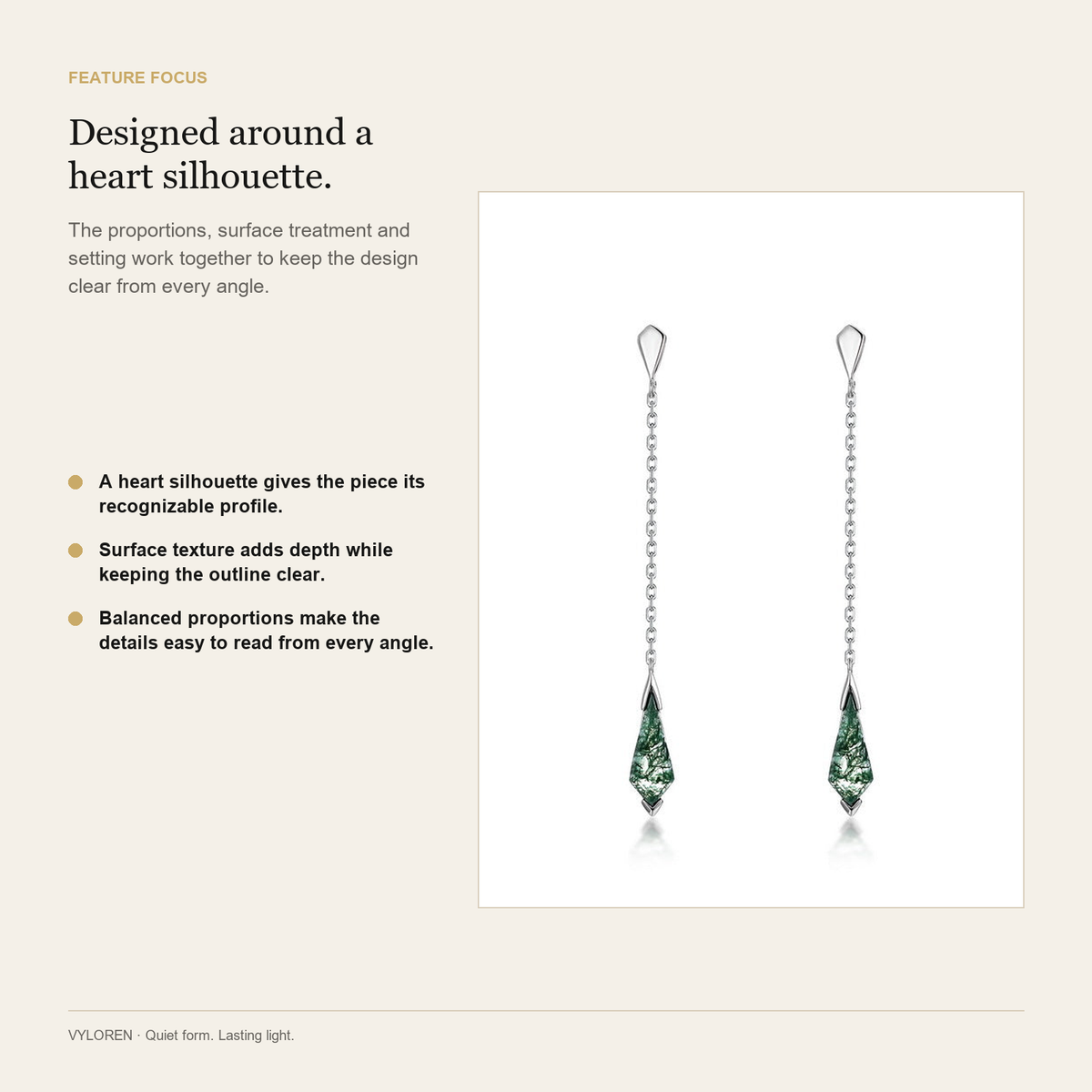 VYLOREN Moss Green Drop Earrings feature focus card, view 1