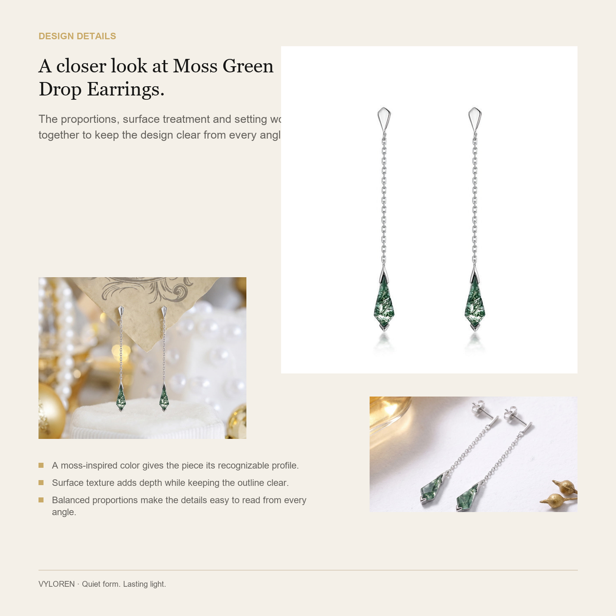 VYLOREN Moss Green Drop Earrings design details card