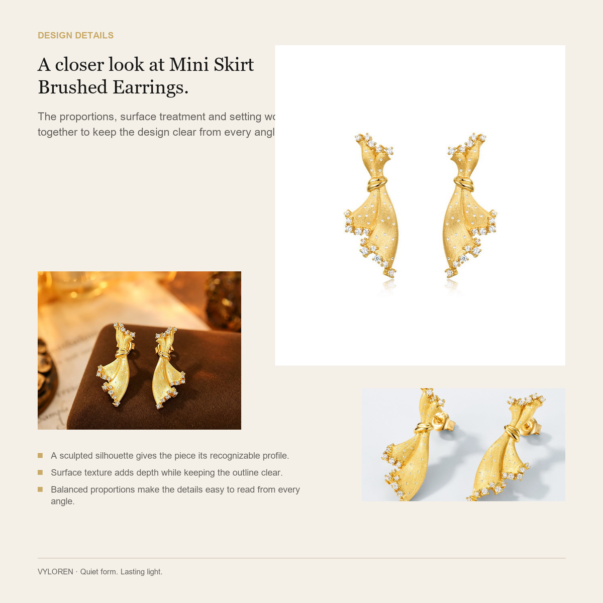 VYLOREN Mini Skirt Brushed Earrings design details card