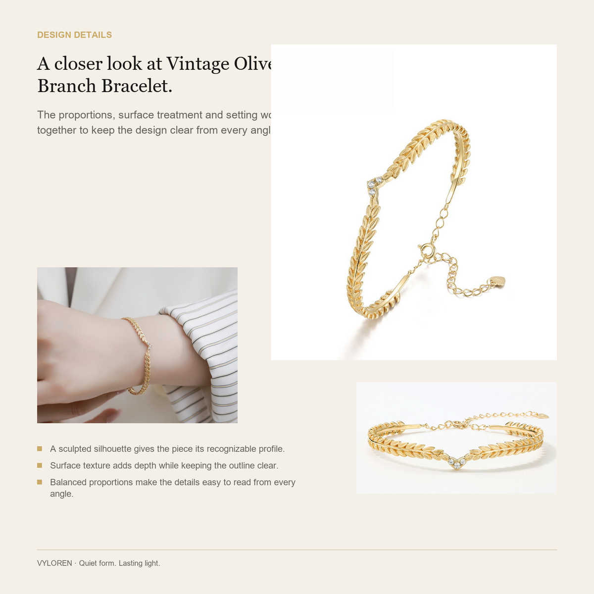 VYLOREN Vintage Olive Branch Bracelet design details card