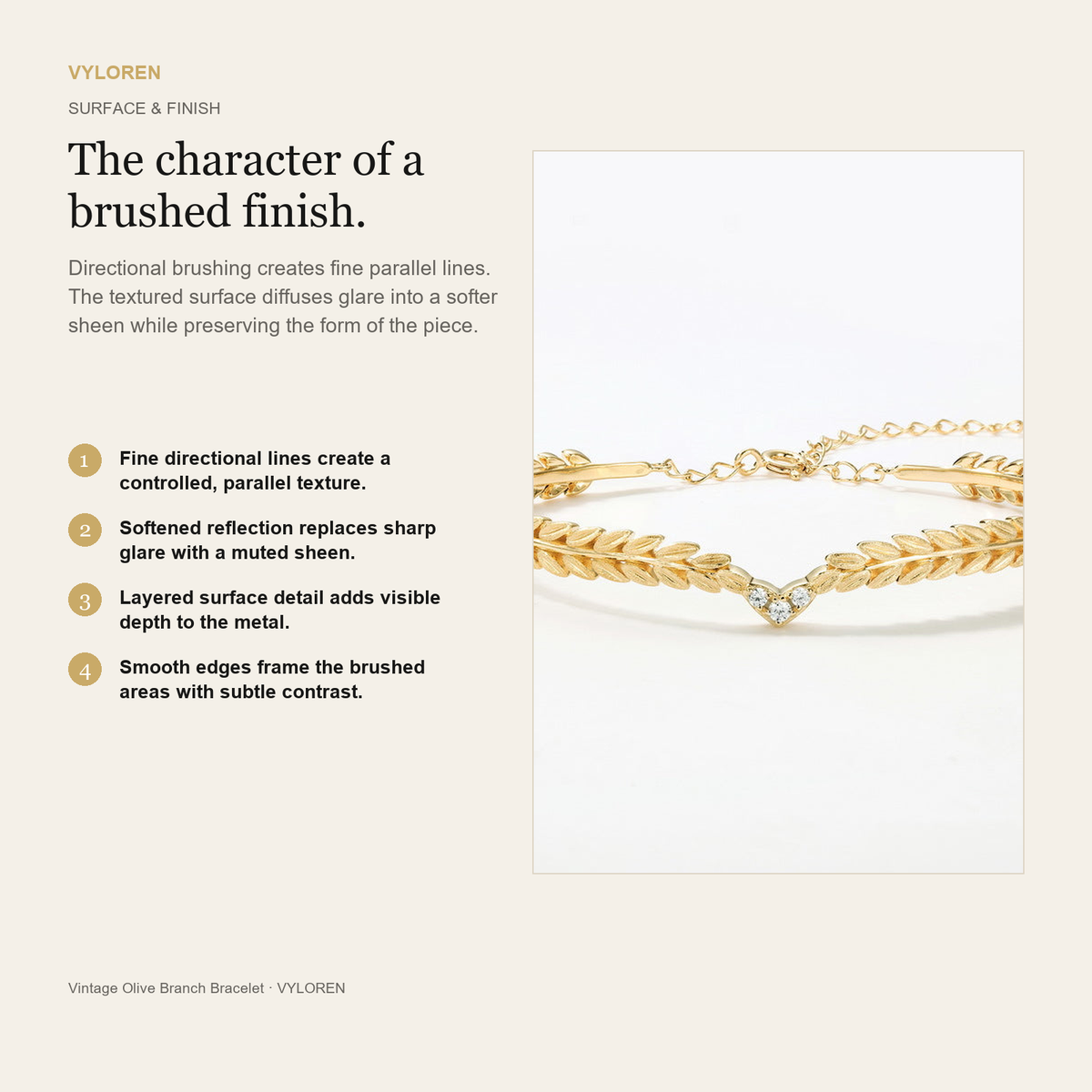 VYLOREN Vintage Olive Branch Bracelet brushed finish card